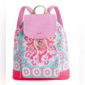 Vineyard vines denim backpack colorful pink tie dye design cinch bag pockets